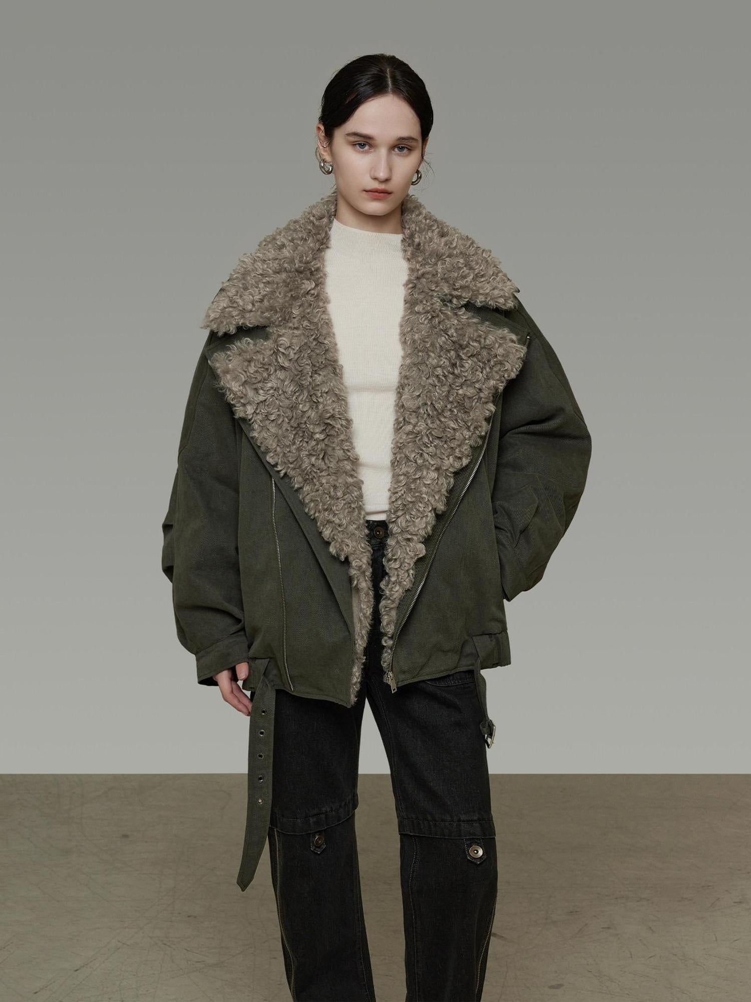 unspoken Thick Cotton Loose Fit Patchwork Commuter Zipper Dark Green Puffer Jackets