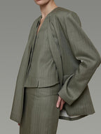 unspoken Lightweight Stretch Office Vneck Blazer Striped High Waist Top & Skirt Sets