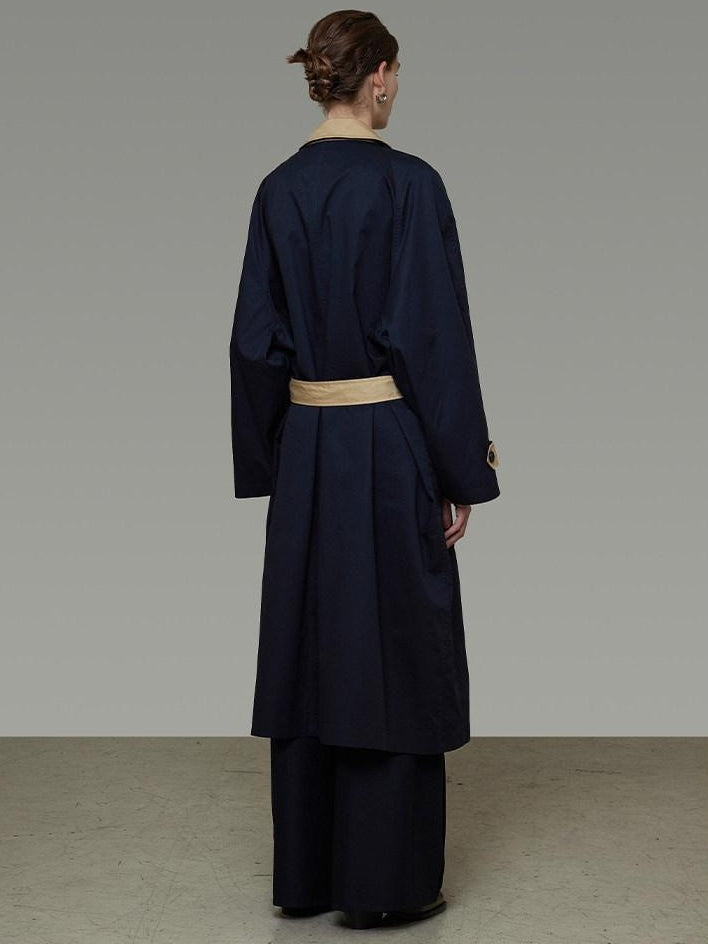 unspoken Minimal Commuter Cotton Loose Fit Single Breasted Long Navy Trench Coats