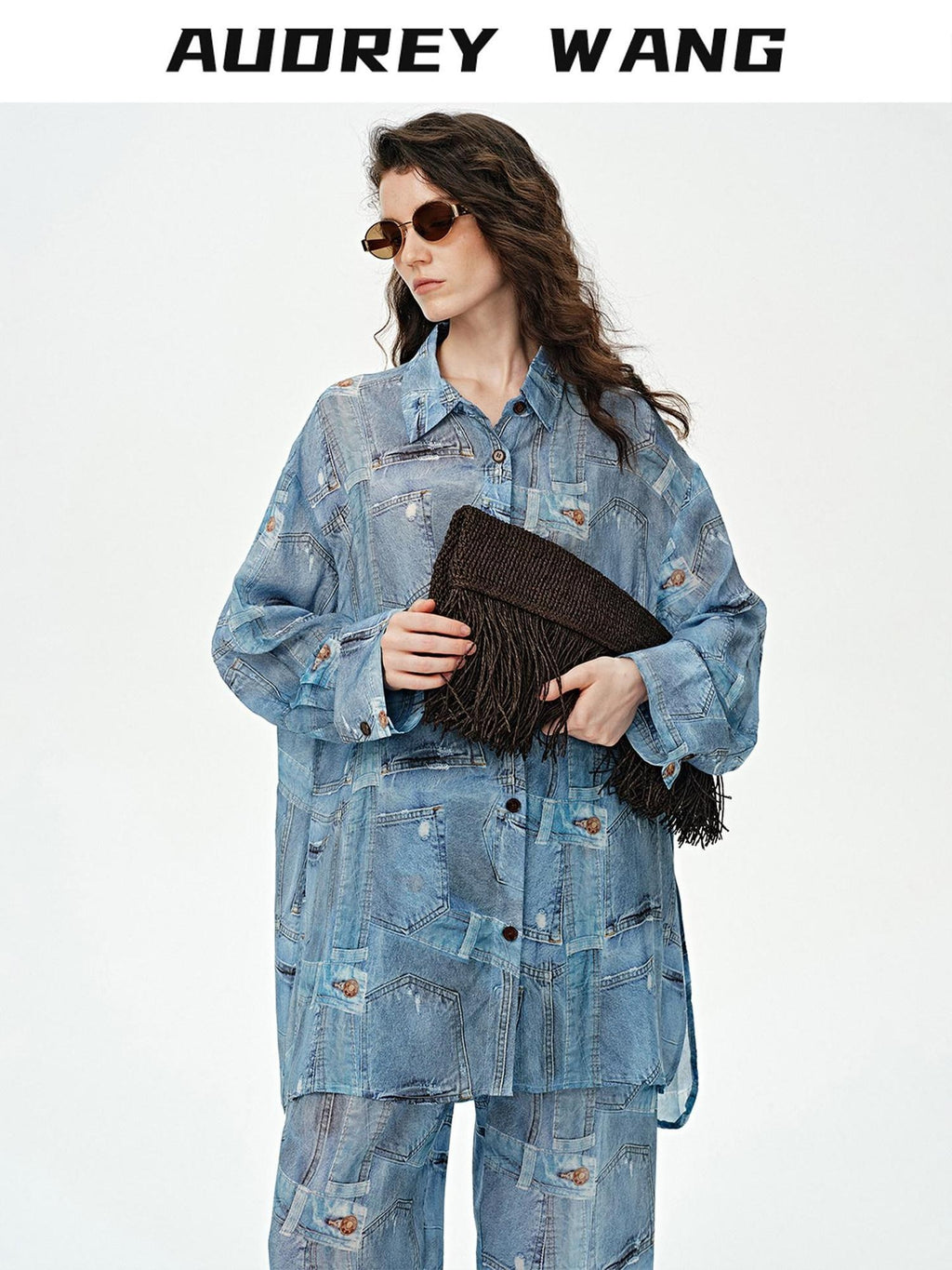 audreyyang Breathable Rayon Loose Fit Lapel Button Floral Denim Top & Pants Sets
