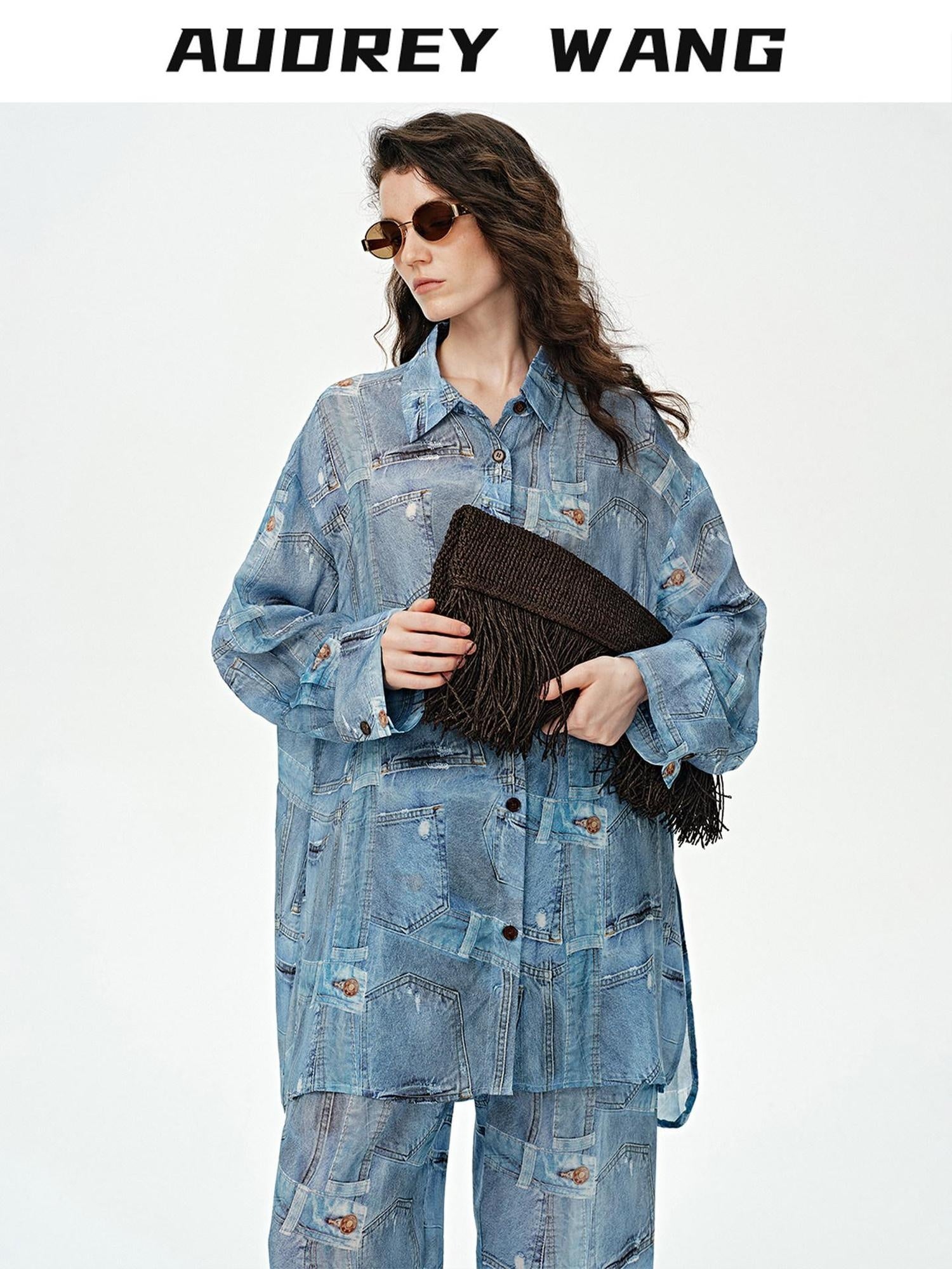 audreyyang Breathable Rayon Loose Fit Lapel Button Floral Denim Top & Pants Sets
