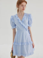fano High Waist Tie A Line Cotton V-neck Puff Sleeves Casual Work Women Midi Dresses