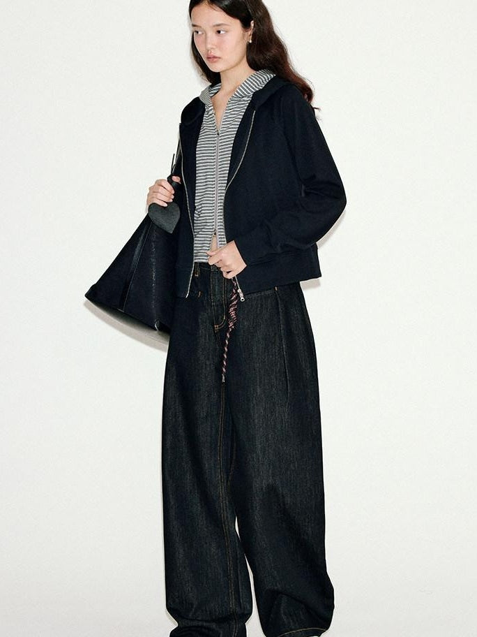 fano Striped Faux Two Piece Loose Fit Commuter Women Black Cotton Blend Hoodie