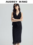 audreyyang Padded V-neck Striped Cropped Commuter Strap Women Black Single Button Vests