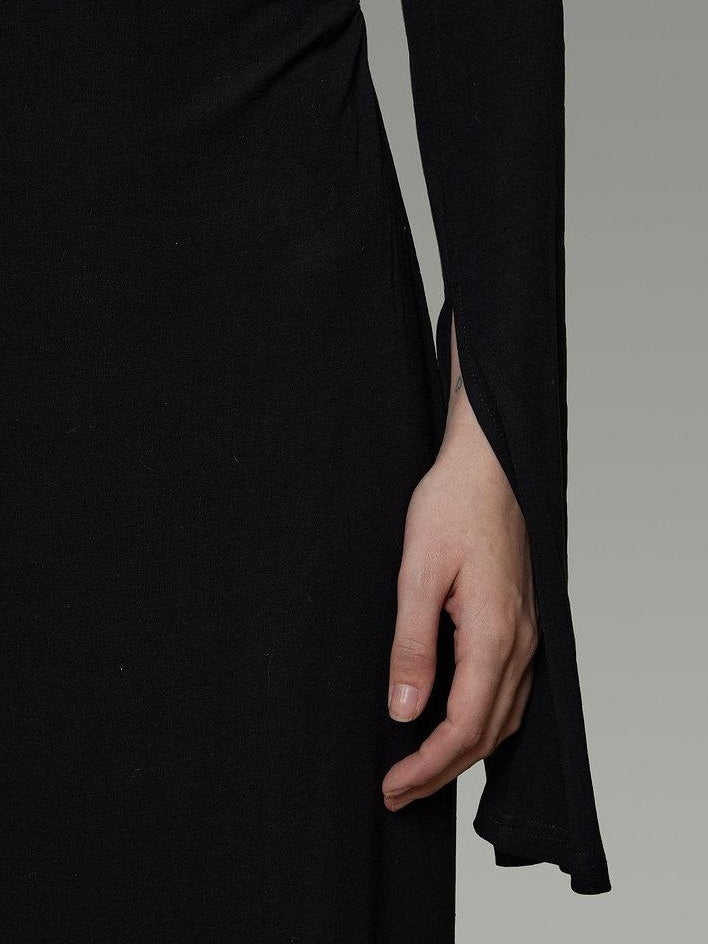 unspoken Soft Breathable Viscose Knit High Waist Aline Slim Black Maxi Dresses