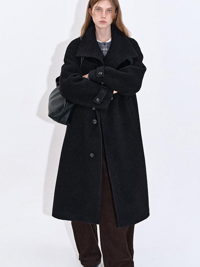 fano Premium Wool Blend Long Notch Collar Relaxed Black Korean Women Wool Coats