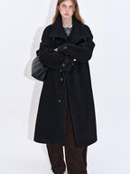 fano Premium Wool Blend Long Notch Collar Relaxed Black Korean Women Wool Coats