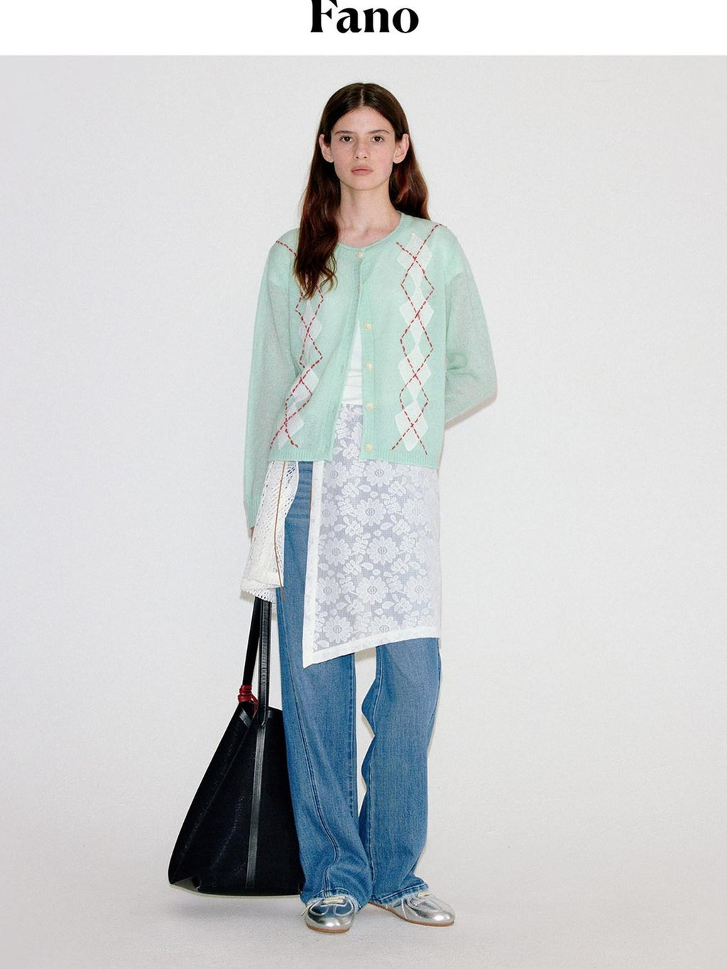 fano Warm Wool Blend Diamond Loose Fit Commuter Round Neck Mint Cardigans