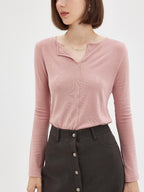 fano Soft V-neck Slim Fit Commuter Top For Women Solid Color Long Sleeve T-Shirts