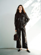 audreyyang Premium Pu Leather Lapel Long Sleeve Tailored Womens Black Wine Leather Jackets