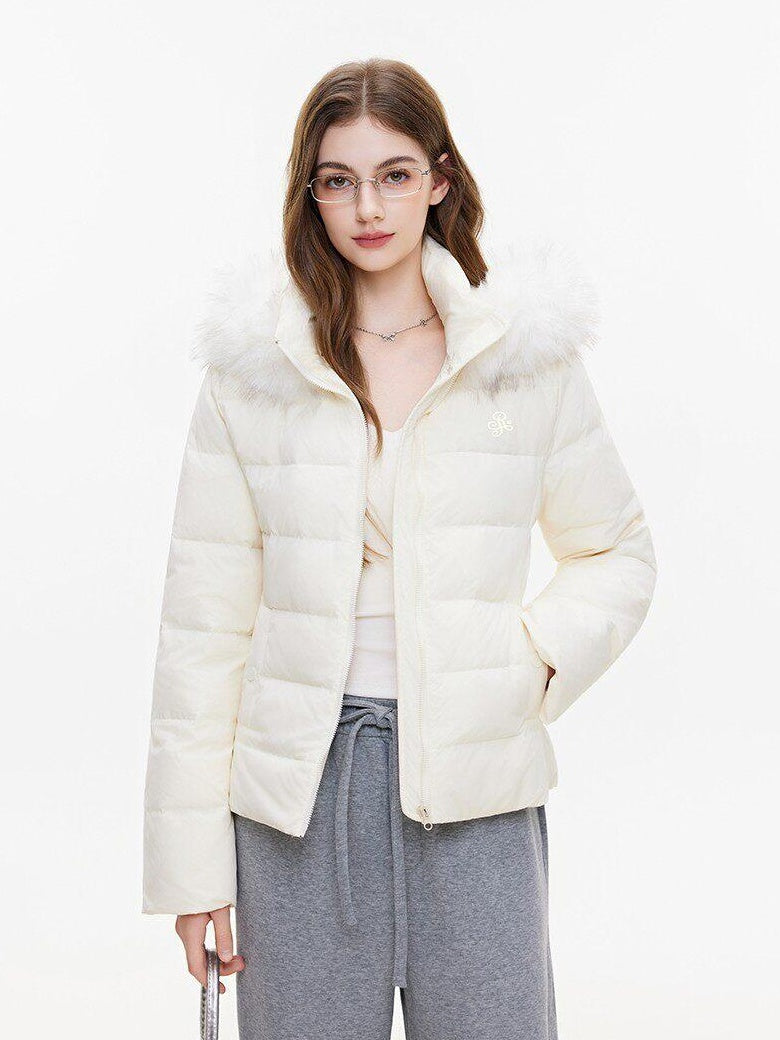 ikyou 90% White Duck Down Warm Minimalist Slim Hooded Fur Collar Women Down Jackets