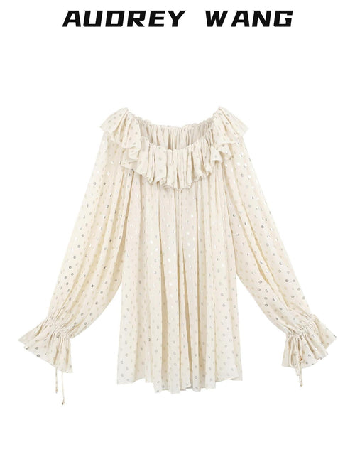 audreyyang Chiffon Polka Dot Loose Ruffle Collar Puff Sleeve Women Casual Midi Dresses