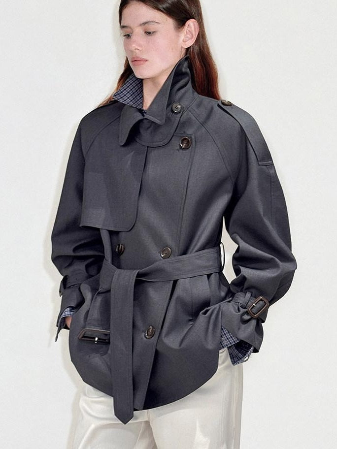 fano Double Breasted Button Front Minimal Commuter Straight Women Khaki Short Coat