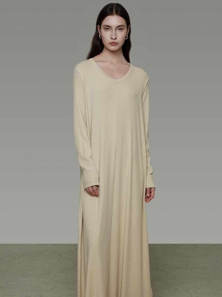 unspoken Non Fading Modal Cotton Long Sleeve Loose Waist Minimalist Commuter Maxi Dresses
