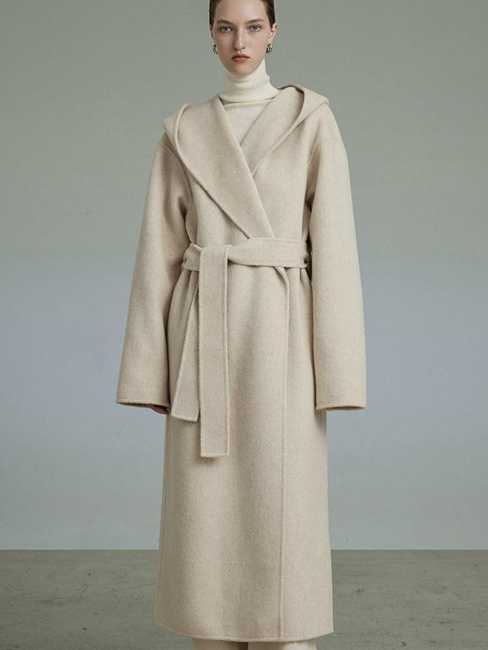unspoken Warm Wool Alpaca Blend Hooded Straight Long Minimal Commuter Oatmeal Wool Coats