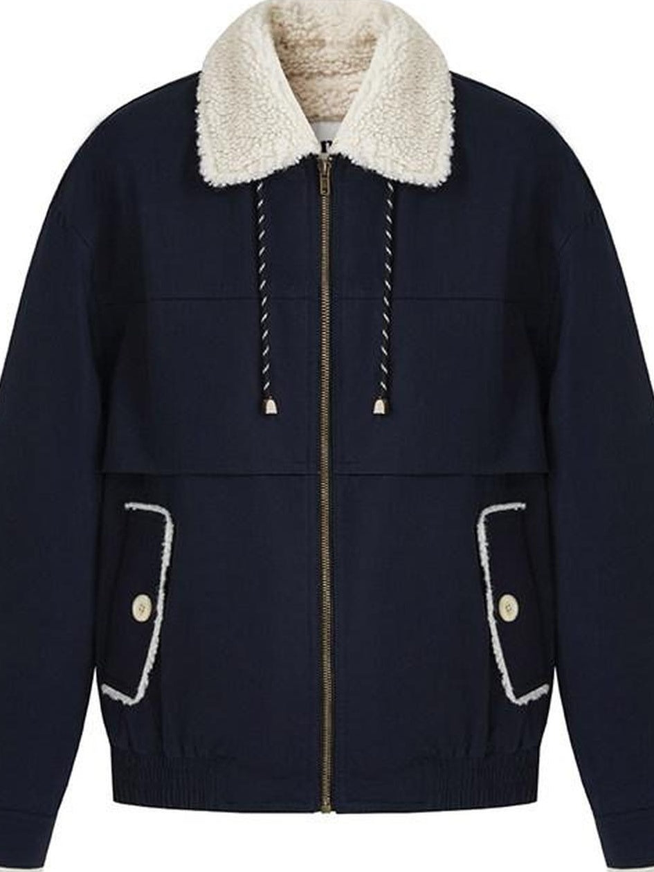 fano Patchwork Cozy Relaxed Loose Fit Commuter Navy Zipper Long Sleeve Puffer Jackets