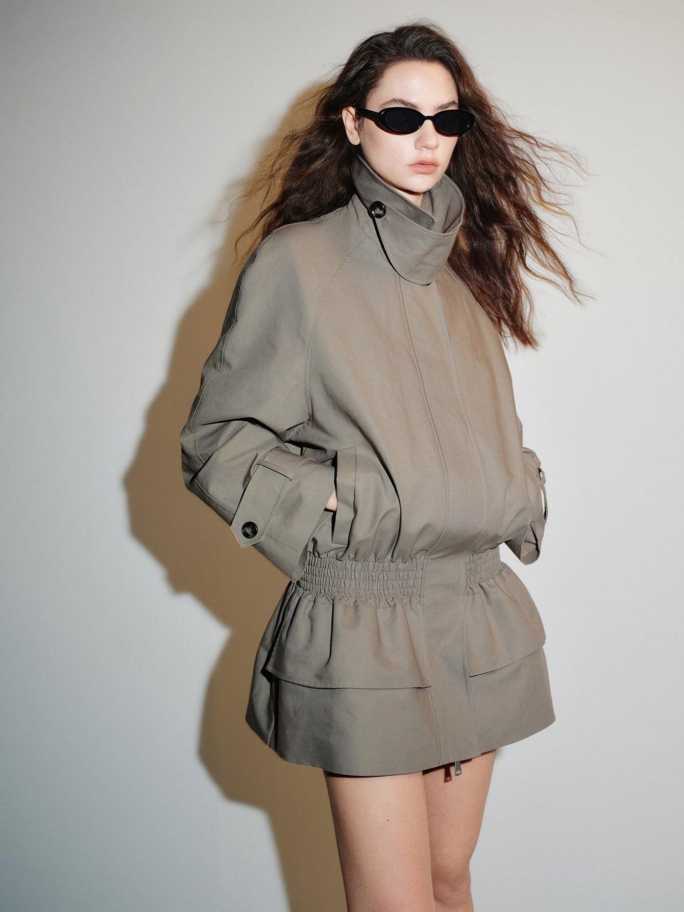 audreyyang Ruched Cotton Mid Length Zip Elastic Hem Long Sleeve Women Gray Cropped Jackets