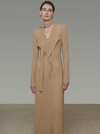 unspoken Breathable High Waist Sash V-neck Aline Longsleeve Office Polyester Maxi Dresses