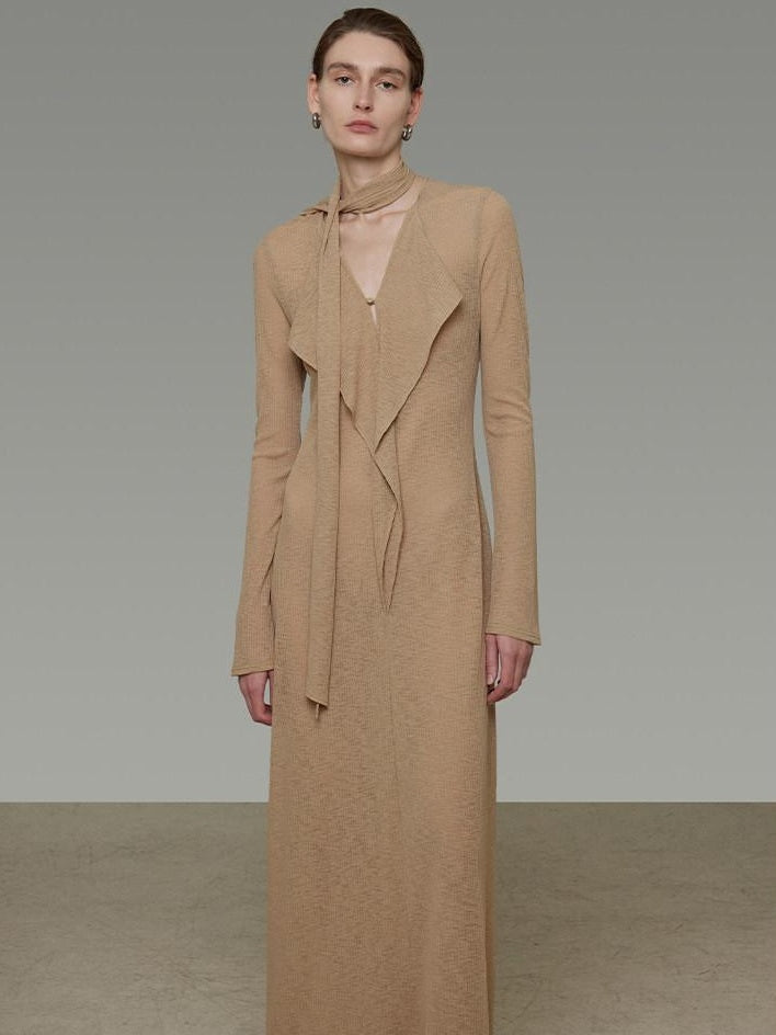 unspoken Breathable High Waist Sash V-neck Aline Longsleeve Office Polyester Maxi Dresses