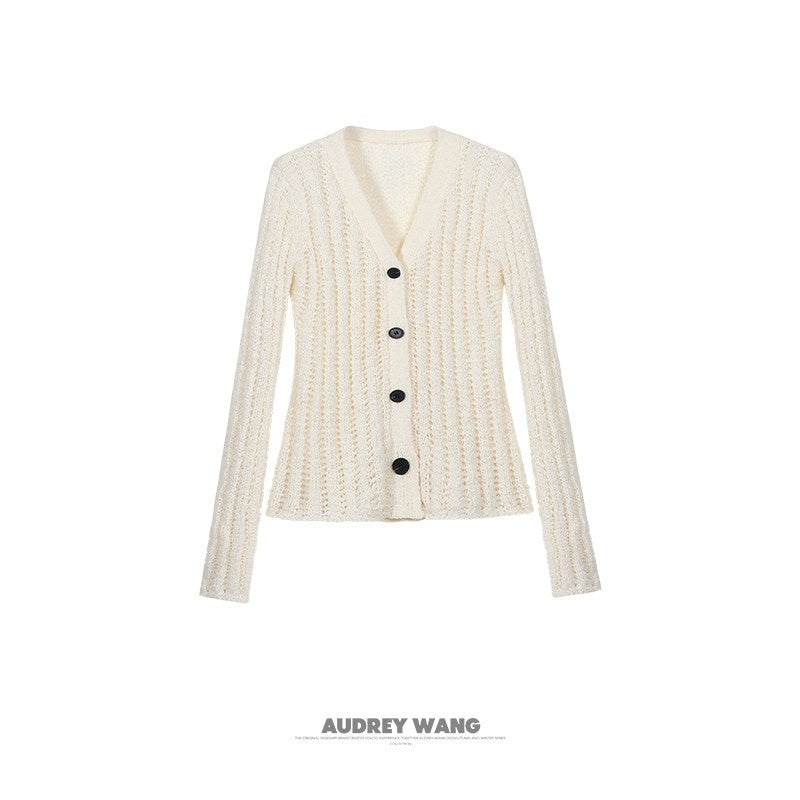 audreyyang_Lightweight_Openwork_Slim_V-neck_Button_Knitted_Cotton_Women_Cardigans_MISSTT