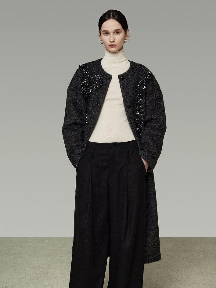 unspoken Warm 3D Embellished Loose Minimalist Commuter Long Women Deep Gray Wool Coats