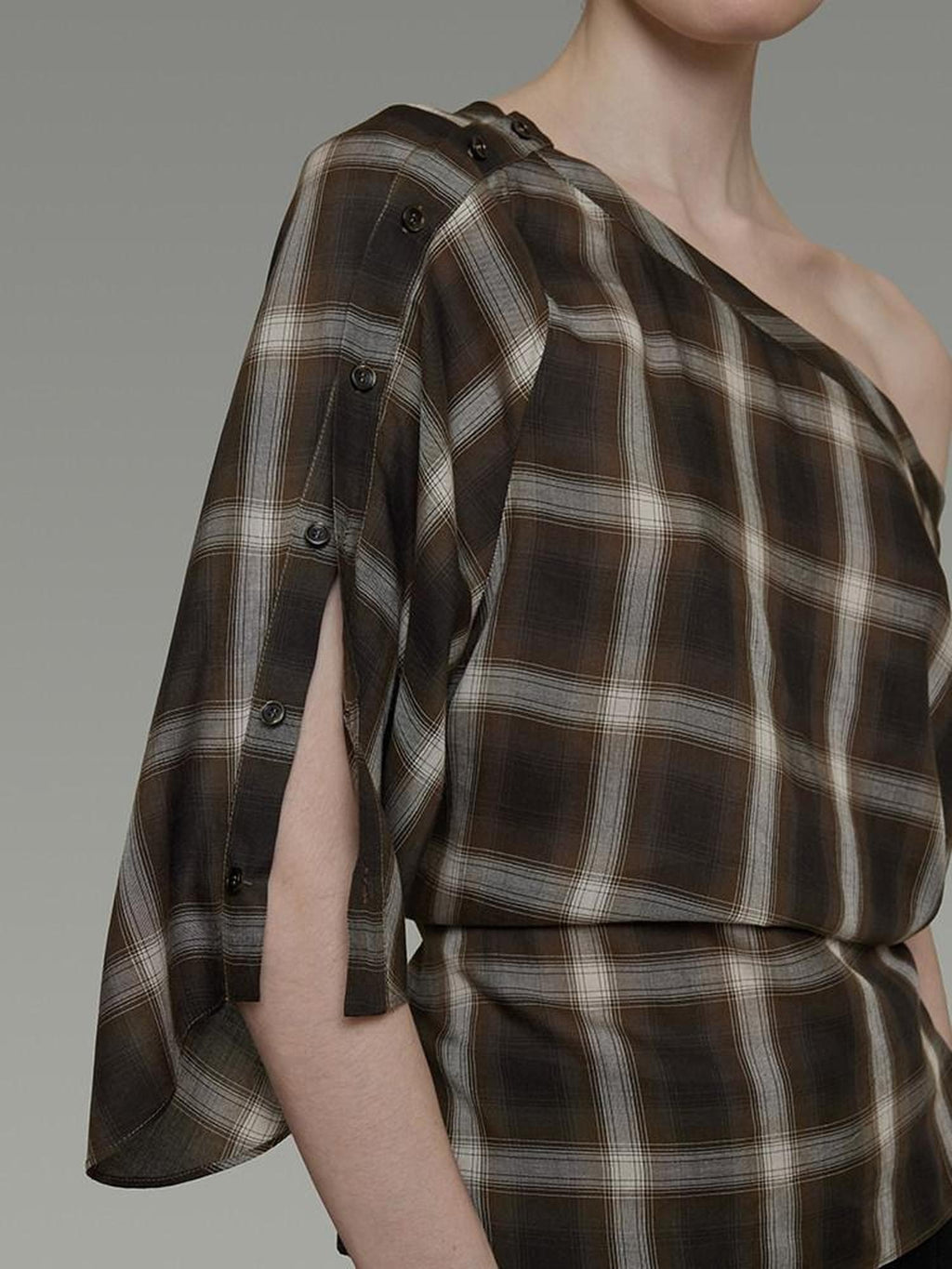 unspoken Breathable Viscose Slim Asymmetric Slant Neck Green Plaid Off Shoulder Crop Tops
