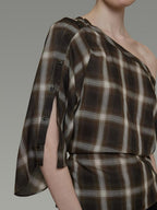 unspoken Breathable Viscose Slim Asymmetric Slant Neck Green Plaid Off Shoulder Crop Tops