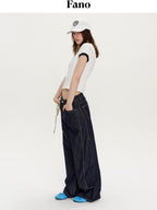 fano Micro Stretch Cotton Relaxed Natural Waist Pear Fit Dark Denim Wide Leg Jeans