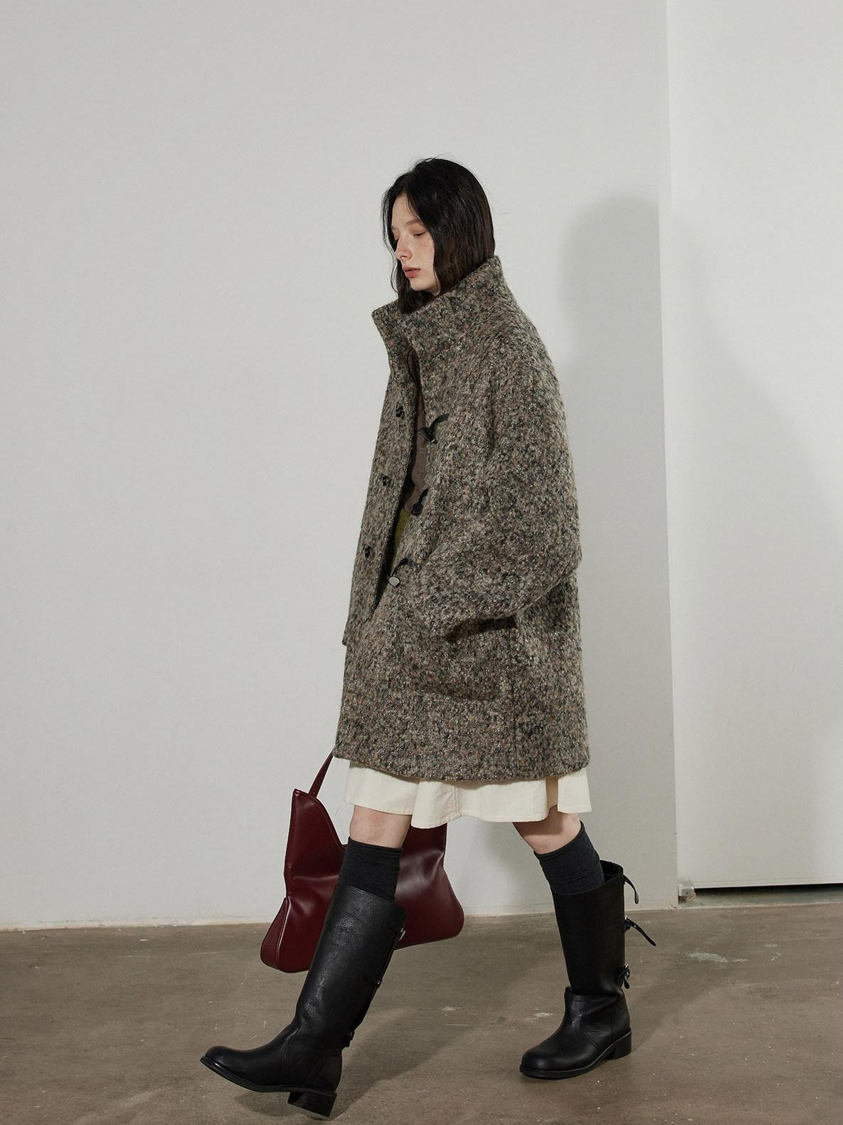 Lofi choose Heavy Wool Blend Relaxed Fit Stand Collar Midlength Commuter Toggle Wool Coats