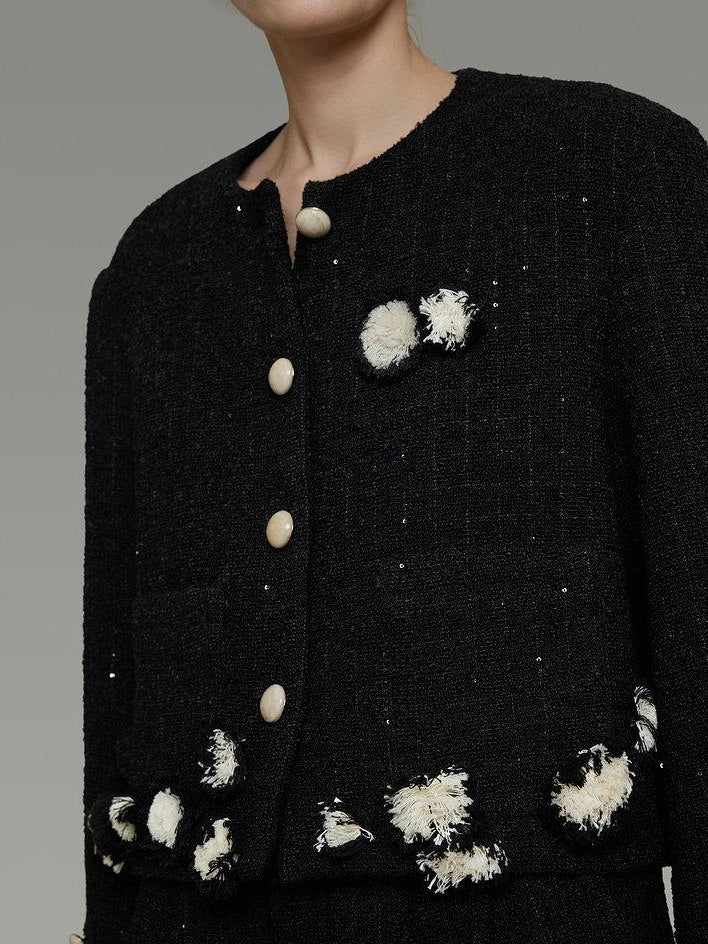 unspoken Warm Button Crew Neck Relaxed Short Workwear Women Black Ivory Cropped Jackets