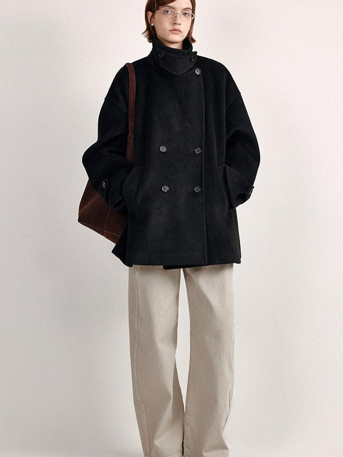 fano Double Breasted Stand Collar Commuter Loose Fit Women Black Pocket Wool Coats