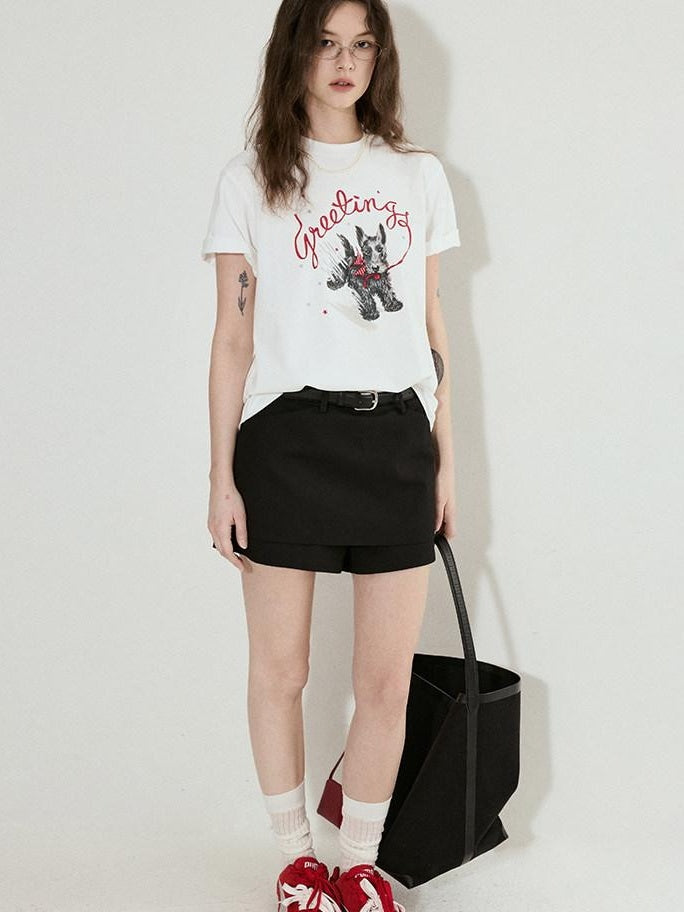 fano Cotton Blend Korean Loose Fit Crewneck Women White Printed Short Sleeve T-Shirts