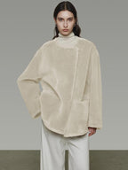 unspoken Warm Cream Collarless Minimalist Relaxed Fit Women Polyester Short Coat