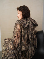 audreyyang Black Polka Dot Viscose Blend Puff Sleeve Cinched Waist Women Maxi Dresses