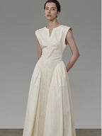 unspoken Pleated High Waist Minimal H Silhouette U Neck Sleeveless Office Maxi Dresses