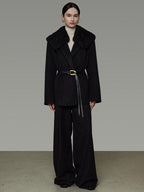 unspoken Fur Collar Thick Mid Length Loose Fit Minimalist Commuter Black Wool Long Coats