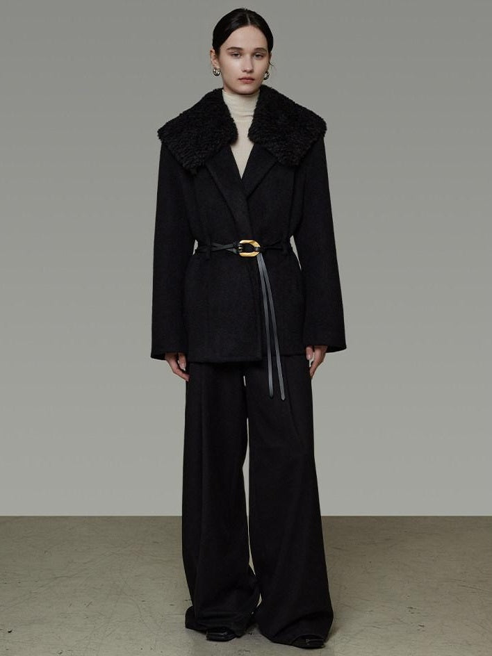 unspoken Fur Collar Thick Mid Length Loose Fit Minimalist Commuter Black Wool Long Coats