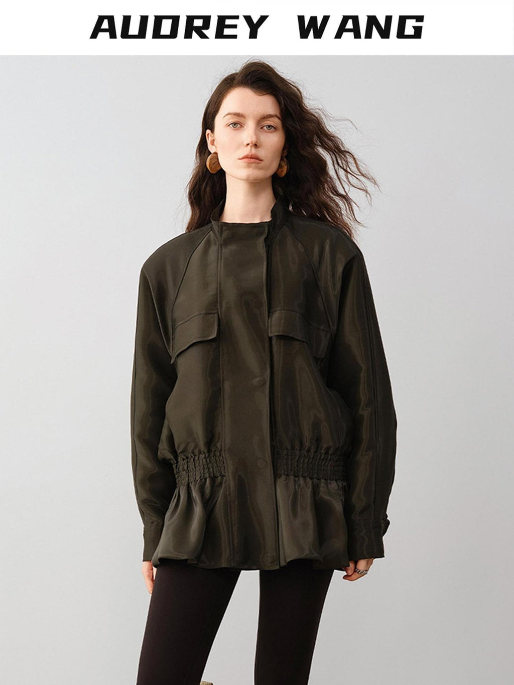 audreyyang Drawstring Techwear Loose Fit Womens Long Sleeve Button Cropped Jackets