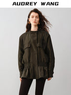audreyyang Drawstring Techwear Loose Fit Womens Long Sleeve Button Cropped Jackets