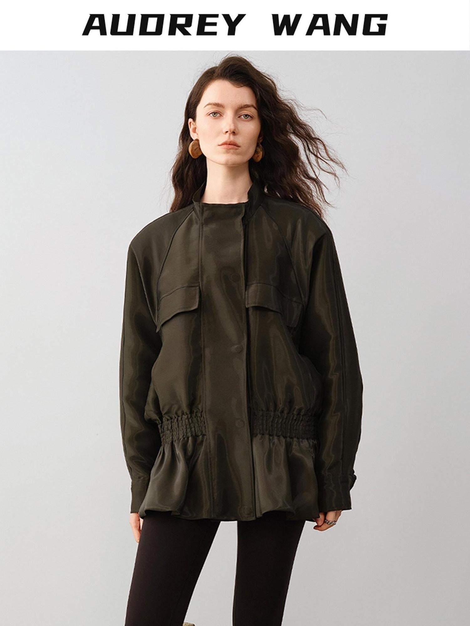 audreyyang Drawstring Techwear Loose Fit Womens Long Sleeve Button Cropped Jackets