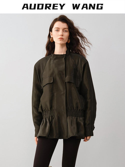 audreyyang Drawstring Techwear Loose Fit Womens Long Sleeve Button Cropped Jackets