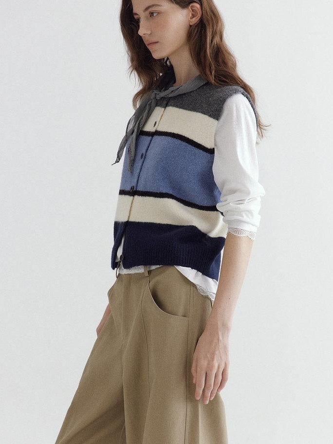 fano Warm Korean Commuter Straight Stripe Round Neck Women Acrylic Cardigans