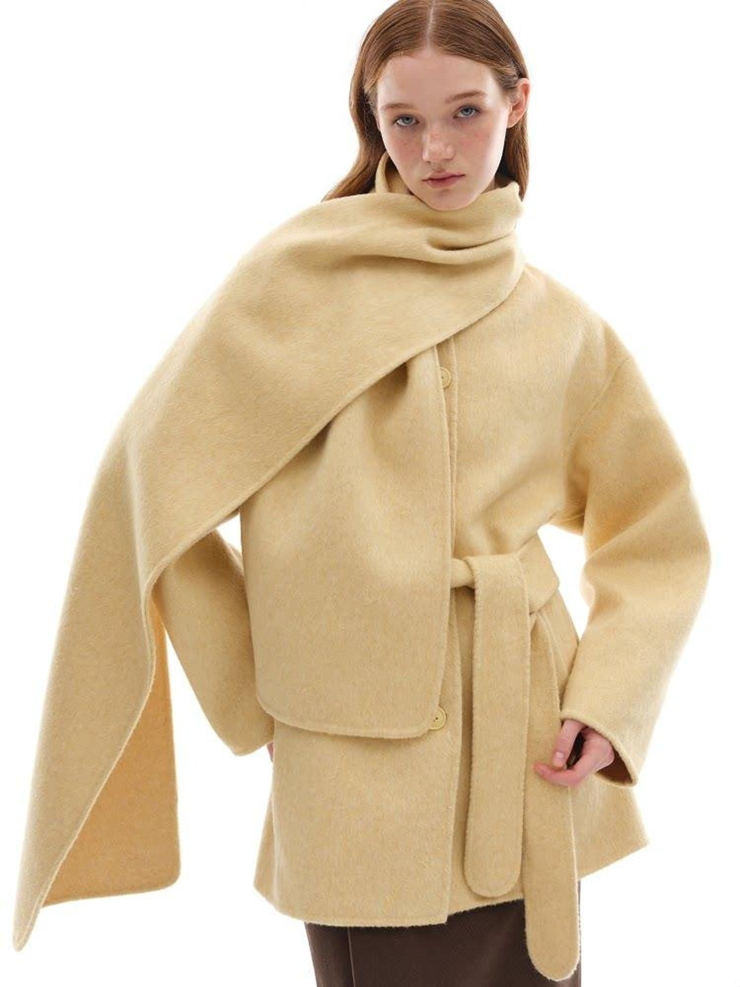someone sometimes Minimalist Belted Roundneck Single Breasted 50 Percent Wool Yellow Wool Coats