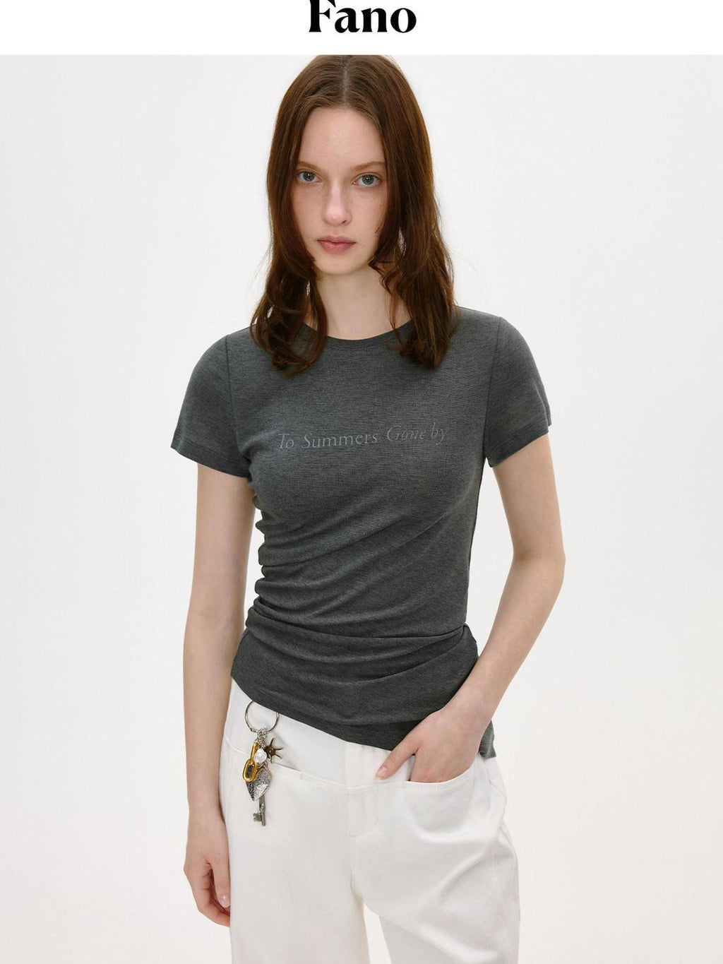 fano Lyocell Wool Blend Korean Slim Round Neck Long Sleeve Deep Gray Basic Crop Tops
