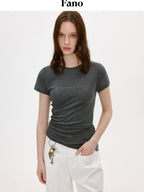 fano Lyocell Wool Blend Korean Slim Round Neck Long Sleeve Deep Gray Basic Crop Tops