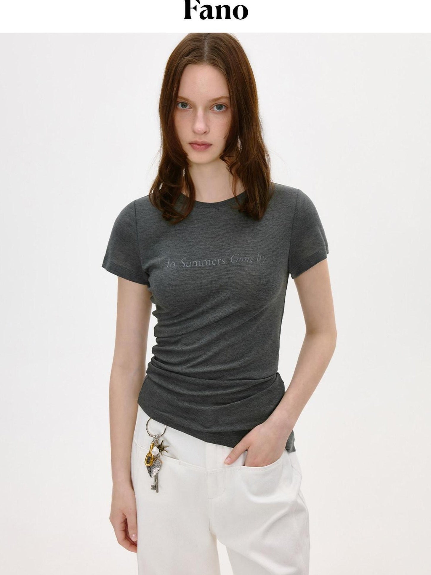 fano Lyocell Wool Blend Korean Slim Round Neck Long Sleeve Deep Gray Basic Crop Tops