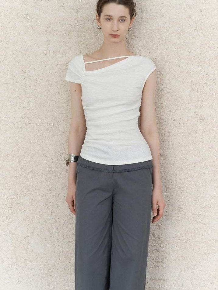 someonesometimes Lightweight Ruched Asymmetric Cropped Slim Fit Pure White Short Sleeve T-Shirts