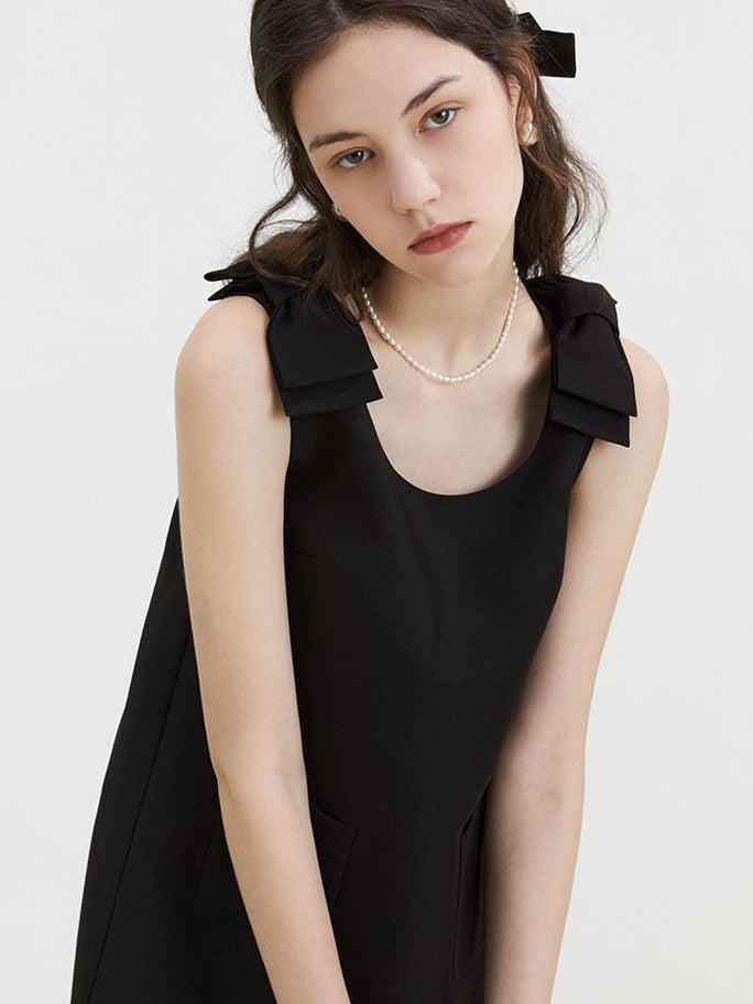fano Minimal Bow High Waist A Line Sleeveless Round Neck Workwear Black Midi Dresses