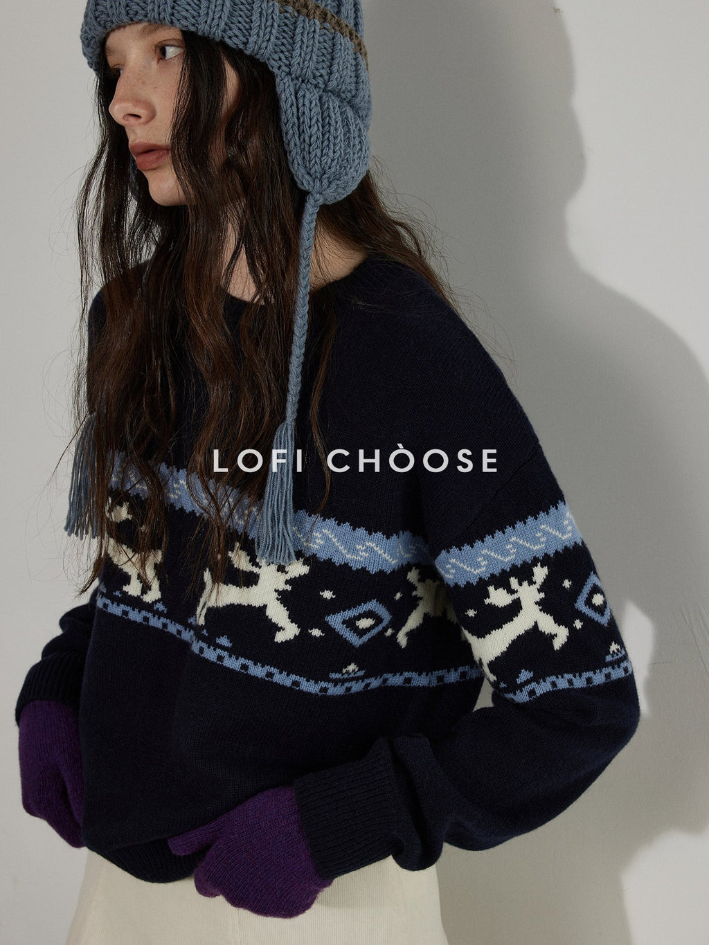 Lofi choose Cozy Thick Knit Pullover Loose Fit Commuter Crew Neck Navy Sweaters