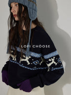 Lofi choose Cozy Thick Knit Pullover Loose Fit Commuter Crew Neck Navy Sweaters